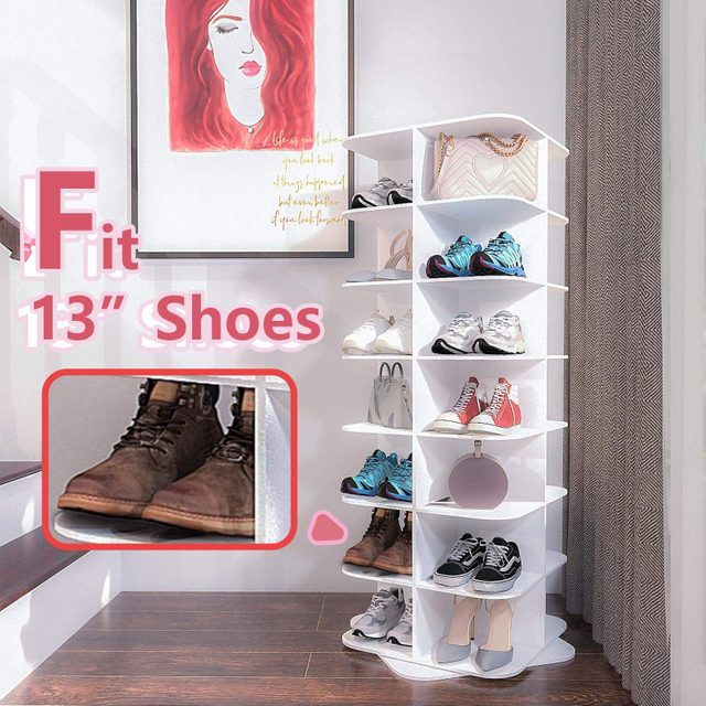 7 Tier Rotating Shoe Rack Tower 360 4 Grids Per Layer Square Shoe Storage Organizer, Fits 28 Pair of Shoe