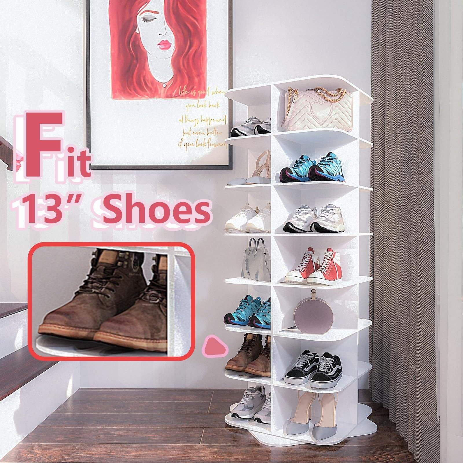 7 Tier Rotating Shoe Rack Tower 360 4 Grids Per Layer Square Shoe Storage Organizer, Fits 28 Pair of Shoe