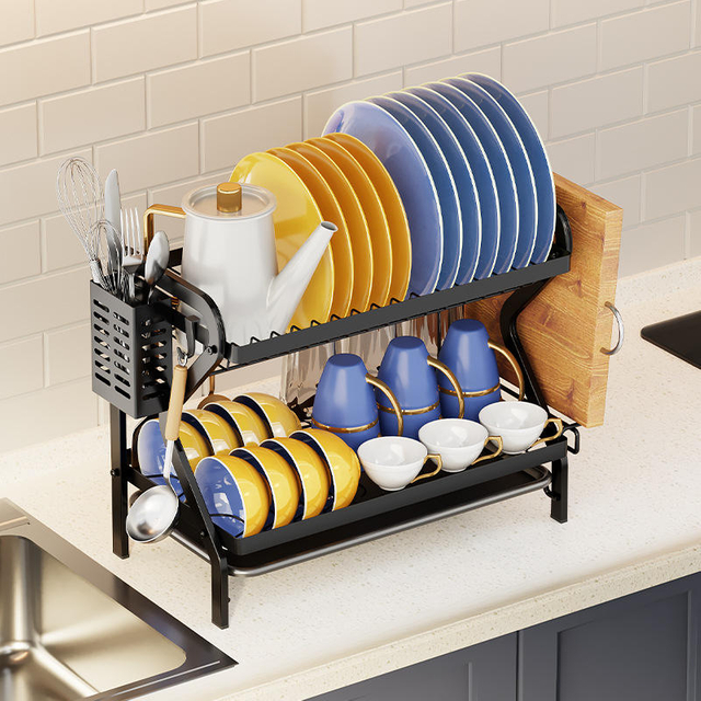 Kitchen Storage and Display Dish Rack Double-Tiered Stand Type Drainage Filter Household Knife Organizer