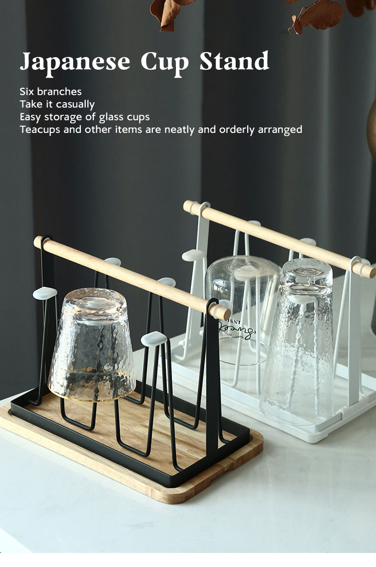 Household Storage Rack Glass Cup Holder 6 Hooks Cup Drying Rack With Wooden Tray