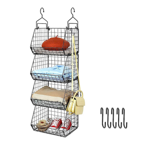 4 Tier Foldable Closet Organizer, Clothes Shelves with 5 S Hooks, Wall Mount&Cabinet Wire Storage Basket