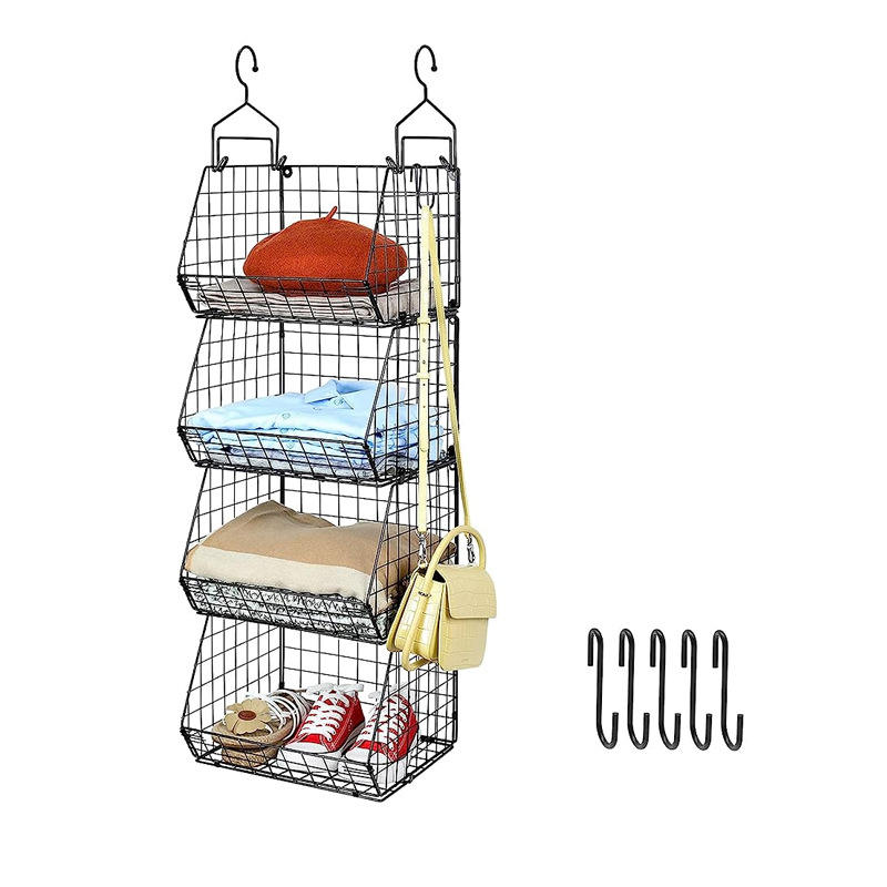 4 Tier Foldable Closet Organizer, Clothes Shelves with 5 S Hooks, Wall Mount&Cabinet Wire Storage Basket