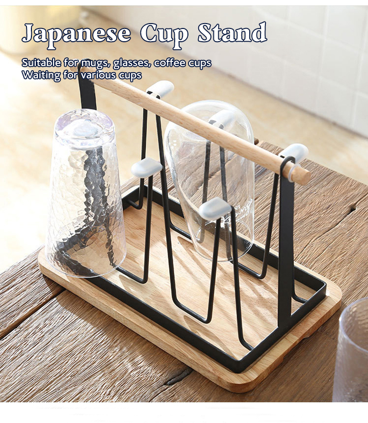 Household Storage Rack Glass Cup Holder 6 Hooks Cup Drying Rack With Wooden Tray
