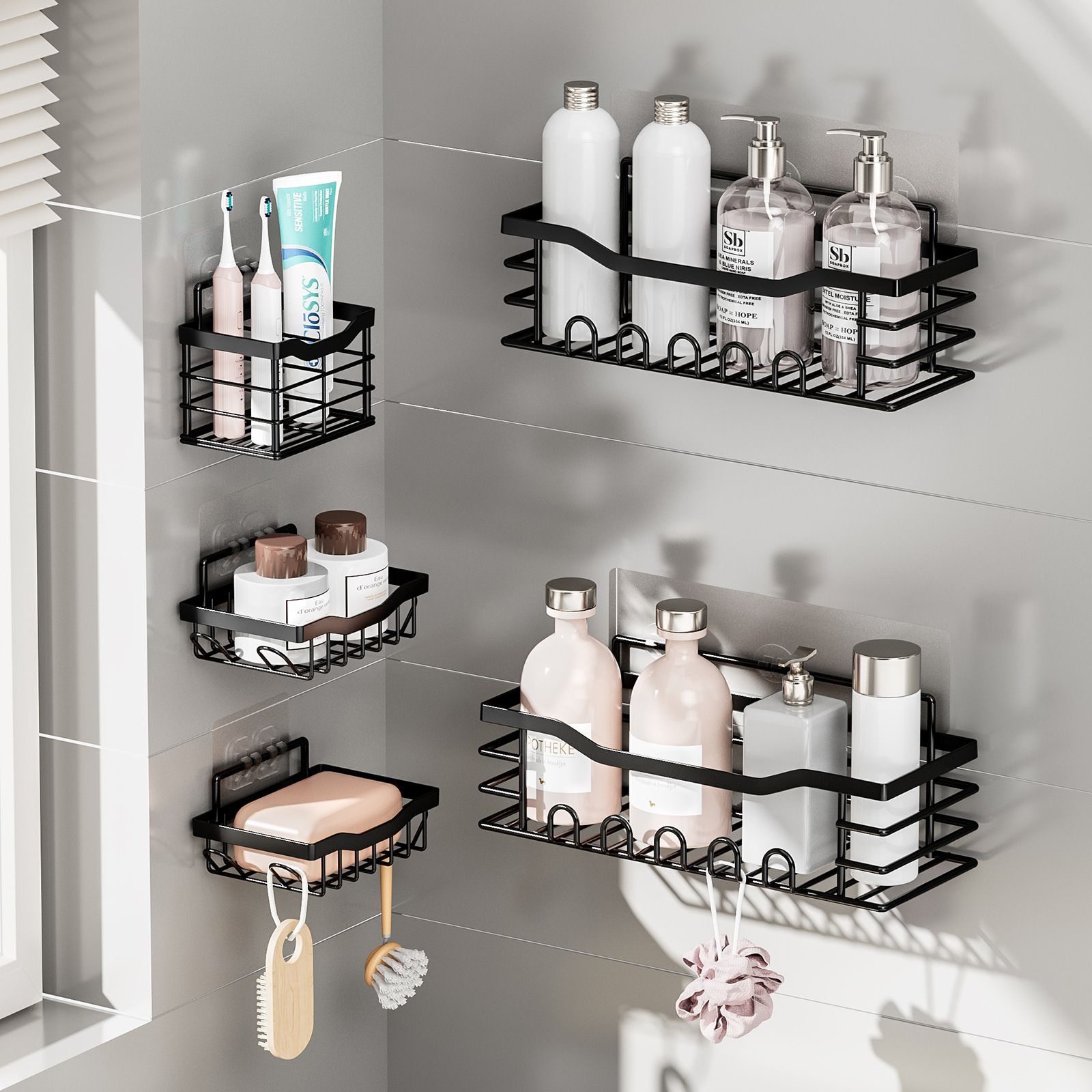 Wrought Iron Cross-Border No-Hole Wall-Mounted Toiletries Storage Racks Five-Shelf Bathroom Set