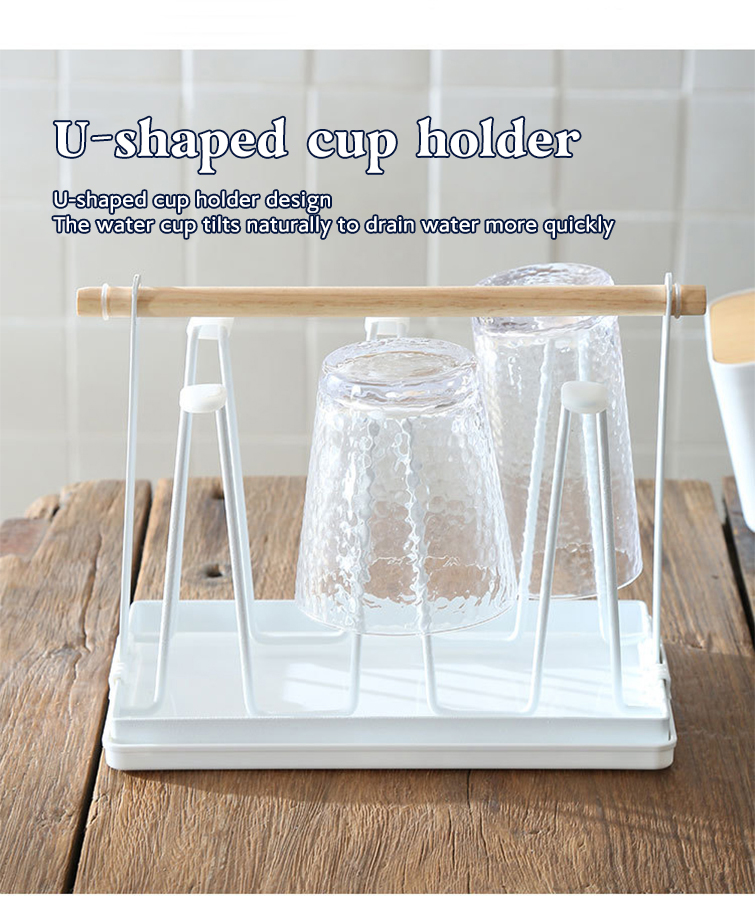 Household Storage Rack Glass Cup Holder 6 Hooks Cup Drying Rack With Wooden Tray