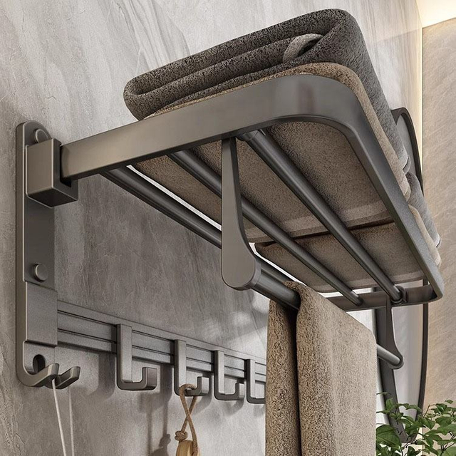 Foldable Towel Shelf with Movable Hooks Rustproof Towel Storage Wall Mount for Bathroom Lavatory