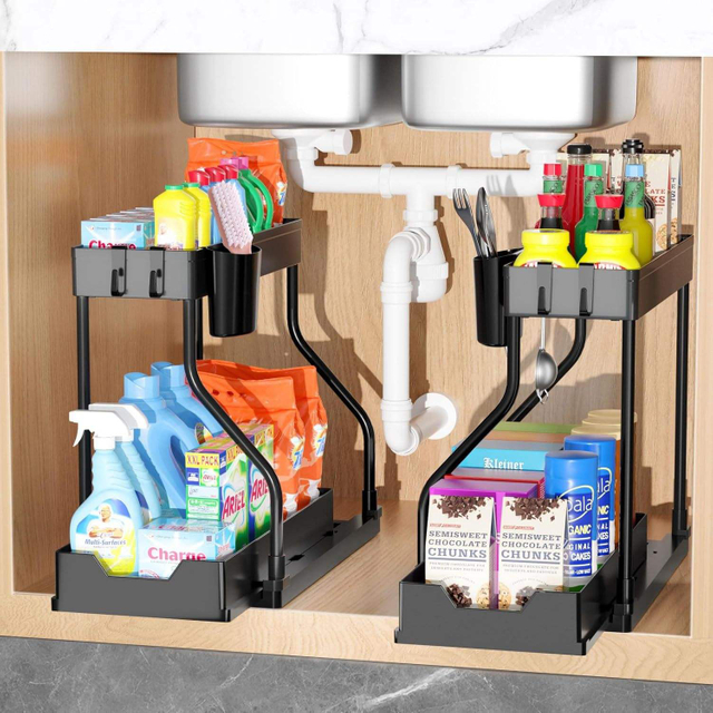 Double-Tier Plastic PP Standing Type Under-Sink Organizer for Kitchen and Bathroom Multi-Purpose Sundries Holder