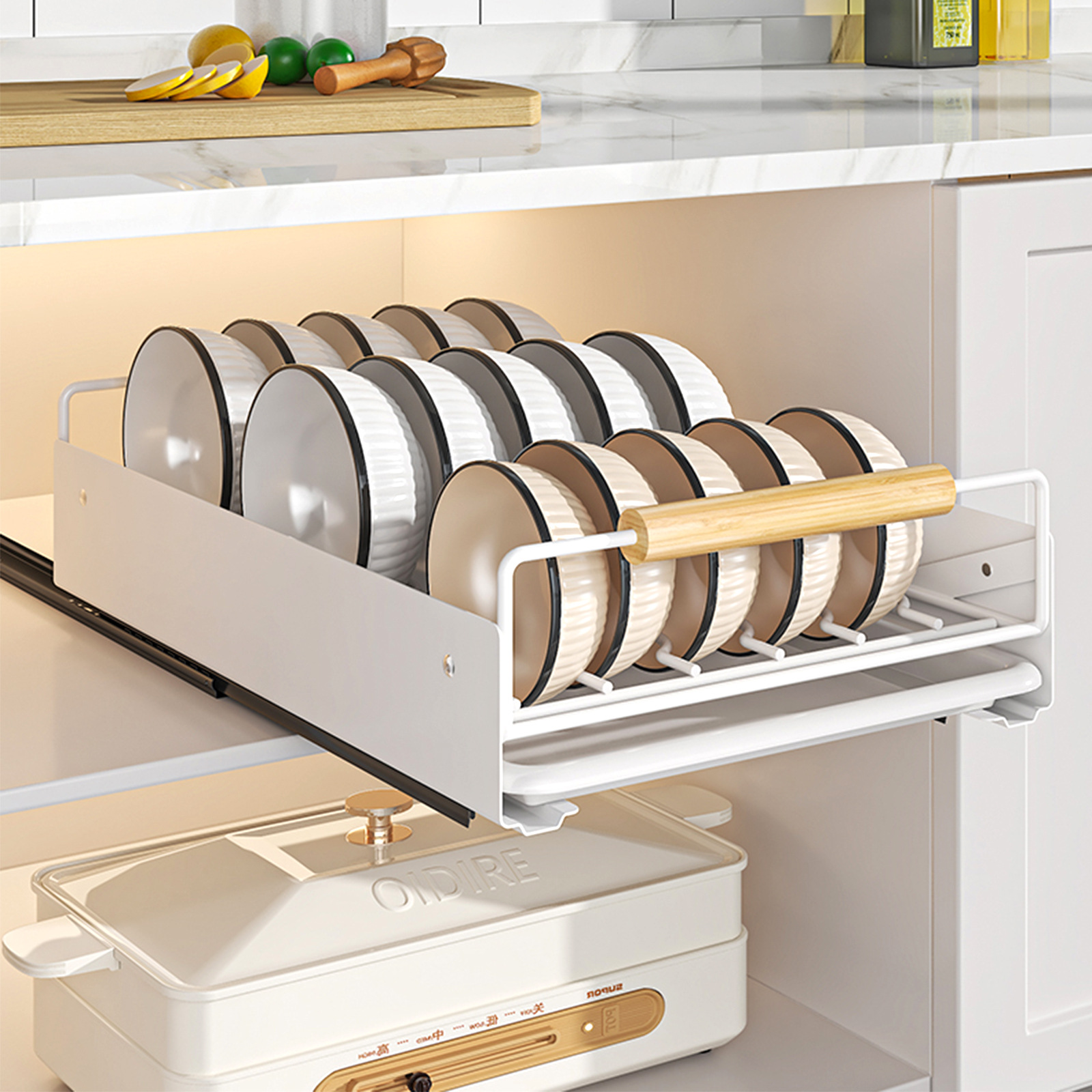 Single-Tier Pull-Out Dish Rack Cabinet Shelf Cross-Border Kitchen Organizer with Drain Efficient Storage Cupboard Organization