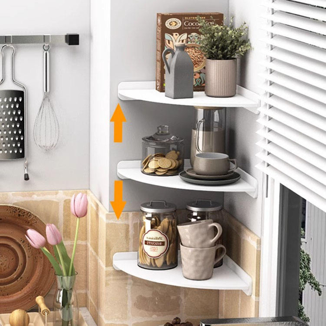 Corner Wall Shelf Holder Kitchen Bathroom Living Room Hanging Storage Cabinet Organizer 3 Tiered Wooden PVC Plastic Sustainable