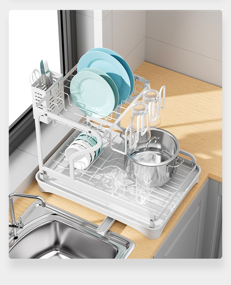 Multifunctional Double-Tier Cutlery Cup Storage Bowl Holder Kitchen Draining Dish Rack for Counter Surface Household Use