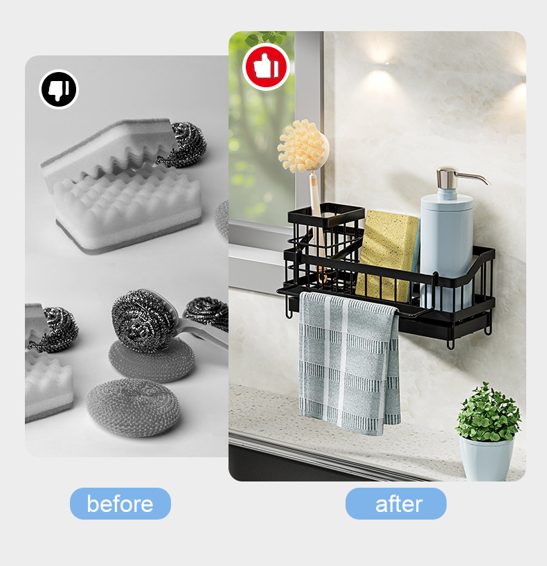 Kitchen Draining Rack Sink Sponge Rag Basket Dishwashing Storage with Adhesive Backed Stickers + Towel Hanging Rods