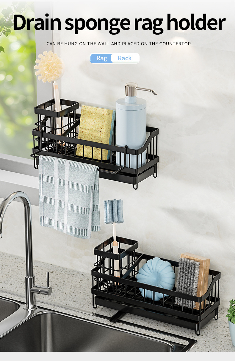Kitchen Draining Rack Sink Sponge Rag Basket Dishwashing Storage with Adhesive Backed Stickers + Towel Hanging Rods