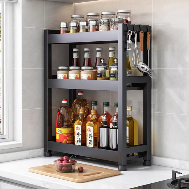 Large Capacity Shelf Kitchen Supplies Comprehensive Storage 3-tier Metal Black Storage Holders & Racks Multifunction Modem