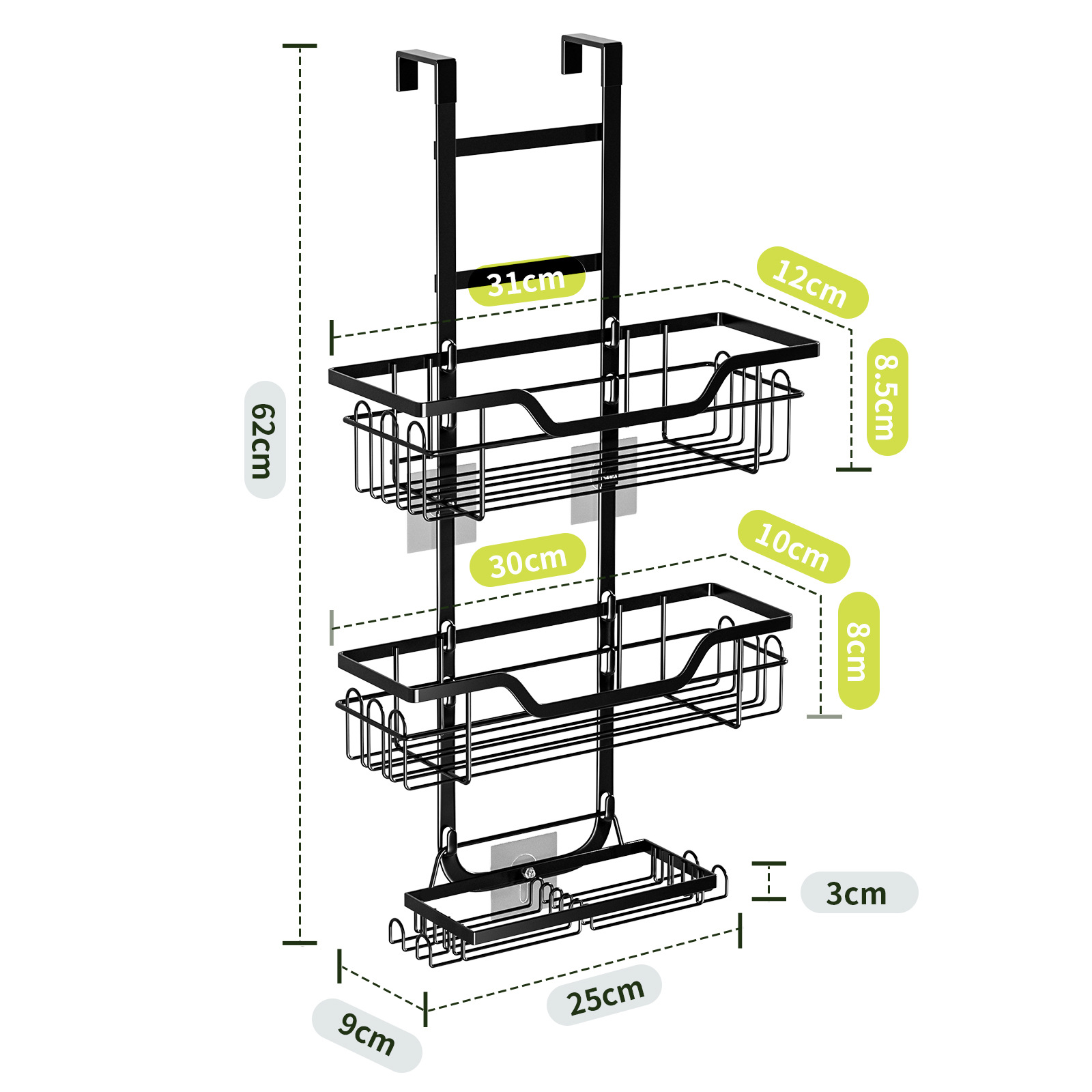 No-Punch Wrought Iron Wall-Mounted Bathroom Shelf Tiered Hanging Basket Storage for Toilet Shower Room Door Hanging Shelf