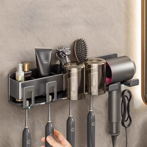 Gunmetal Gray Toothbrush Mouthwash Cup Hair Dryer Combo Organizer Wall Mounted No Punch Out