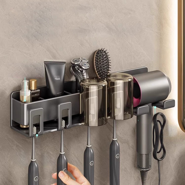 Gunmetal Gray Toothbrush Mouthwash Cup Hair Dryer Combo Organizer Wall Mounted No Punch Out