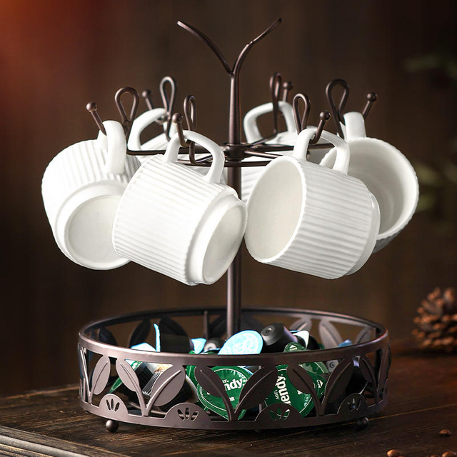 Rotating Drainage Organizer Iron Mug Holder Double Tiers Standing Type Coffee Cup and Capsule Holder Metal Material