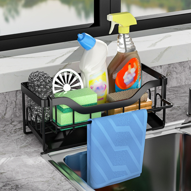No-Hole Household Kitchen Countertop Sponge Draining Storage Rack Towel Bar + Hanging Stickers