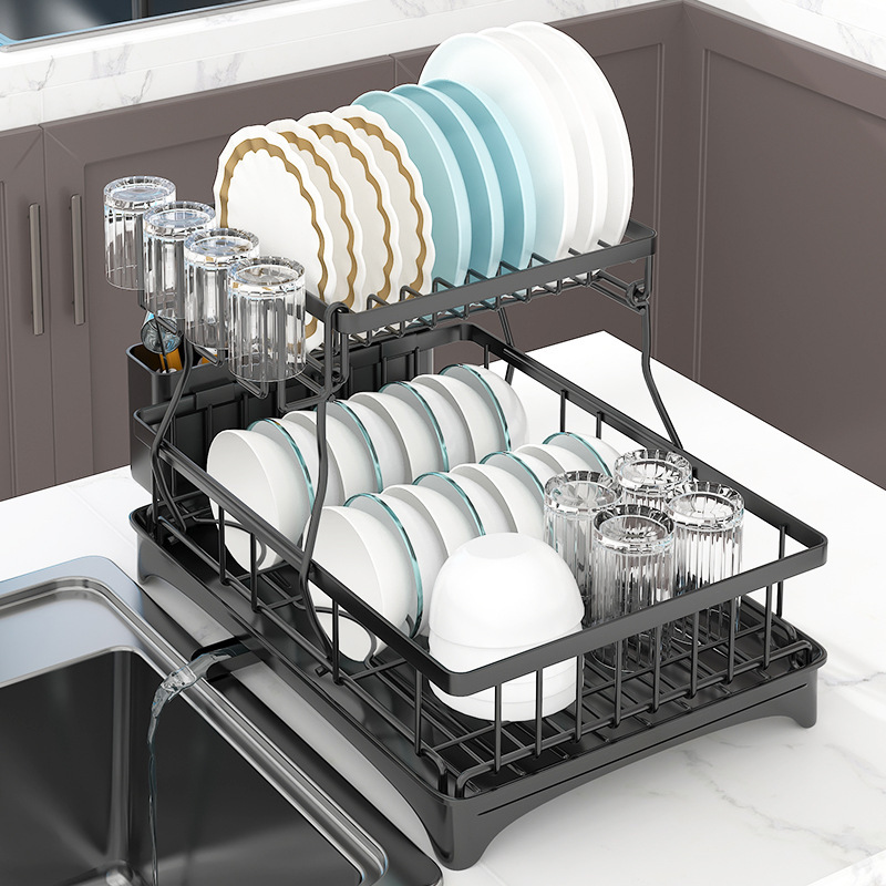 Kitchen Multifunctional Iron Wire Sink Dish Draining Racks Double Tiers Standing Type Drawer Holder Shelf Removable