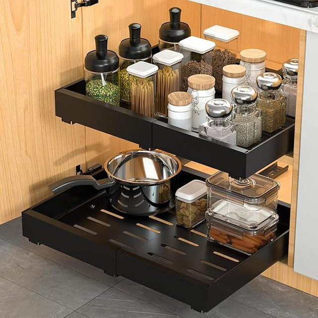Heavy Duty Expandable Pull-out Storage Box Drawer Organizer Kitchen Cabinet Storage with Adhesive Film Slide Metal Material