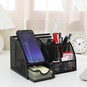 Modern Black Metal Office Supply Organizer 7 Compartment Desk Organizer with Pen Pencil Holder Rectangle Shape for Sundries