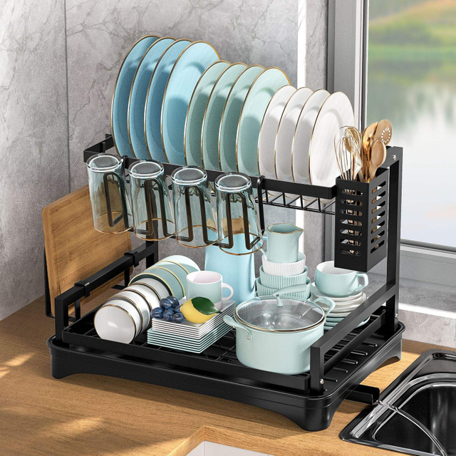 Wrought Iron Countertop Kitchen Sink Dish Holder Organizer with Fork Cutlery Box for Home Tableware Use