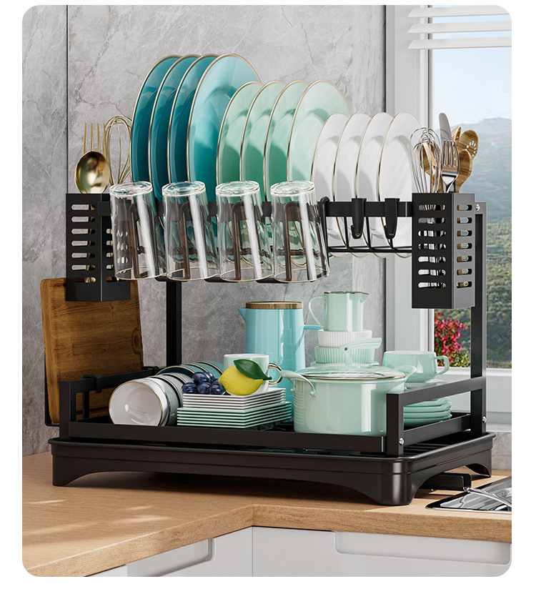 Wrought Iron Countertop Kitchen Sink Dish Holder Organizer with Fork Cutlery Box for Home Tableware Use