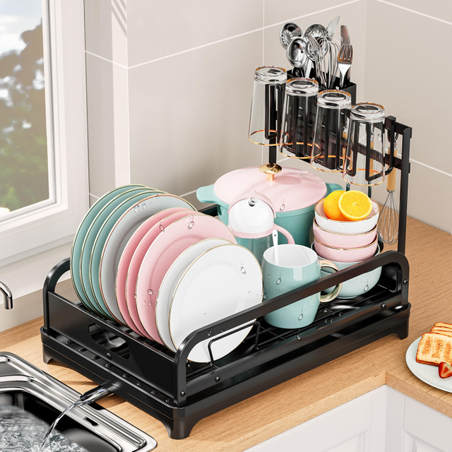 Wrought Iron Kitchen Storage Rack Standing Dish Drying Drainer Cups Utensils Organizer Sink Side Cross-Border Holder Cutlery