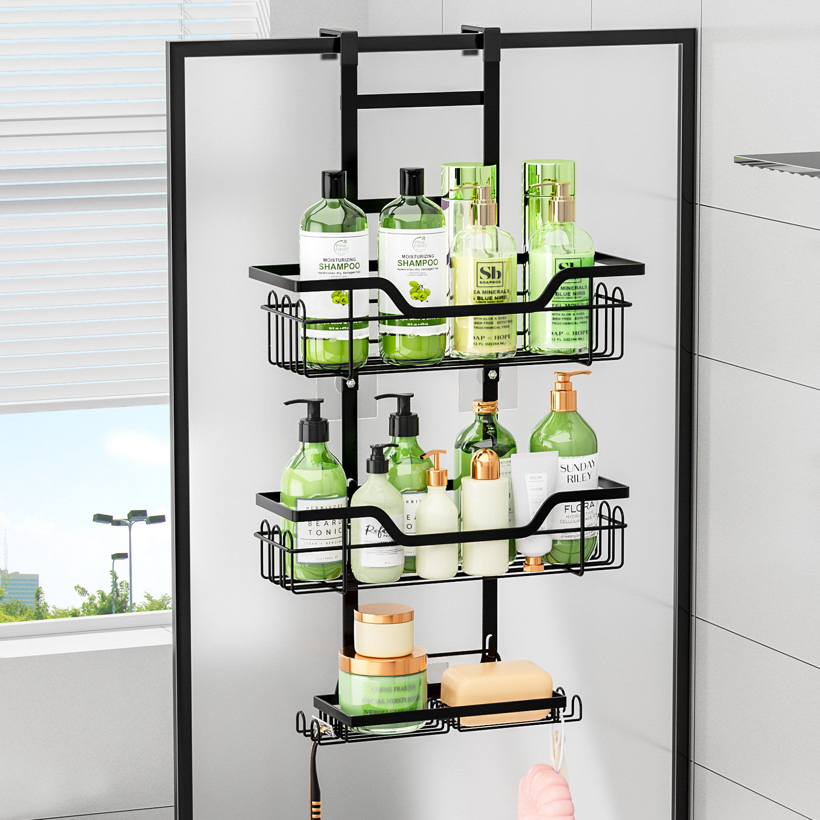 No-Punch Wrought Iron Wall-Mounted Bathroom Shelf Tiered Hanging Basket Storage for Toilet Shower Room Door Hanging Shelf