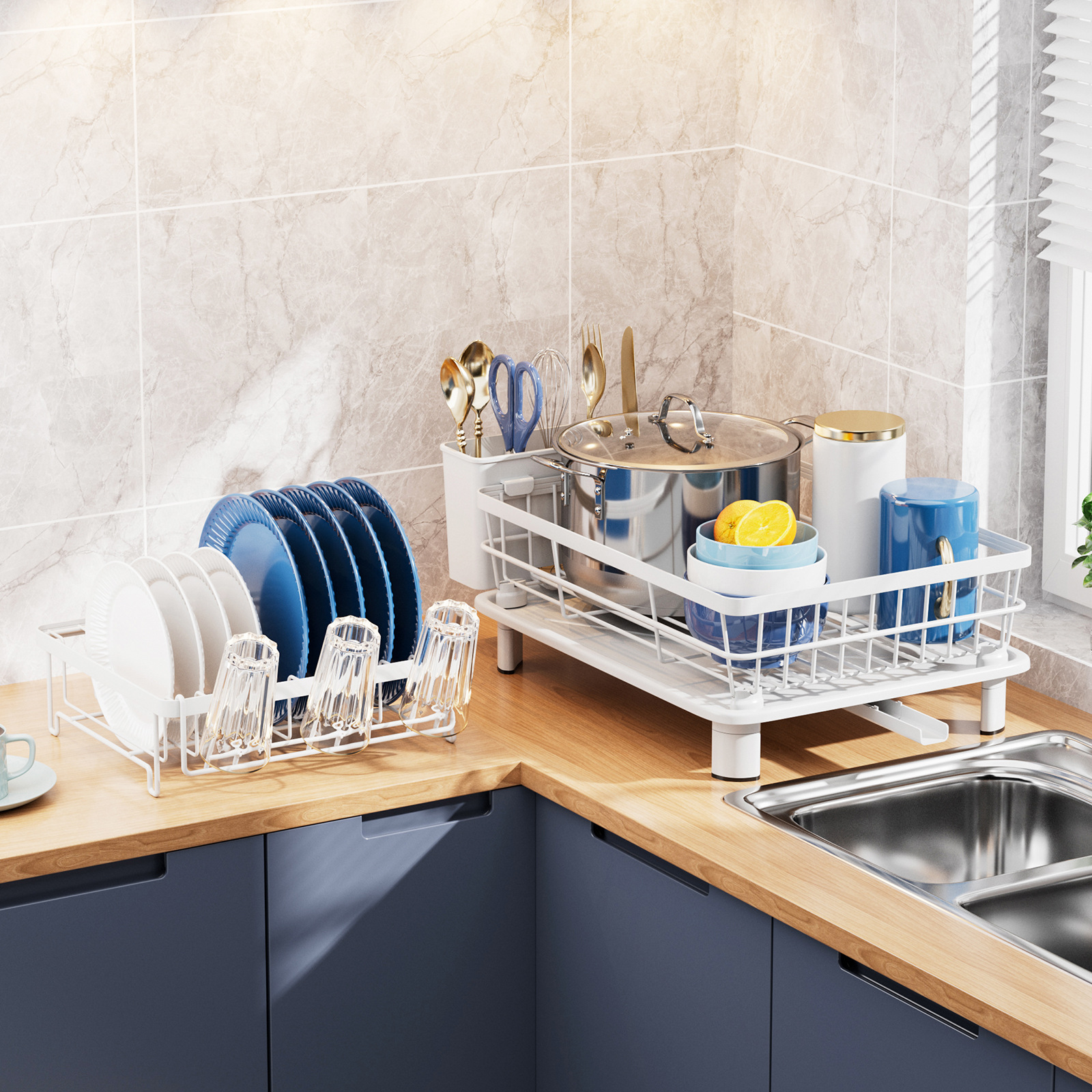 Kitchen Countertop Drying Rack with Double Tiers Household Chopsticks Knife Fork & Cup Storage Holder for Home Use