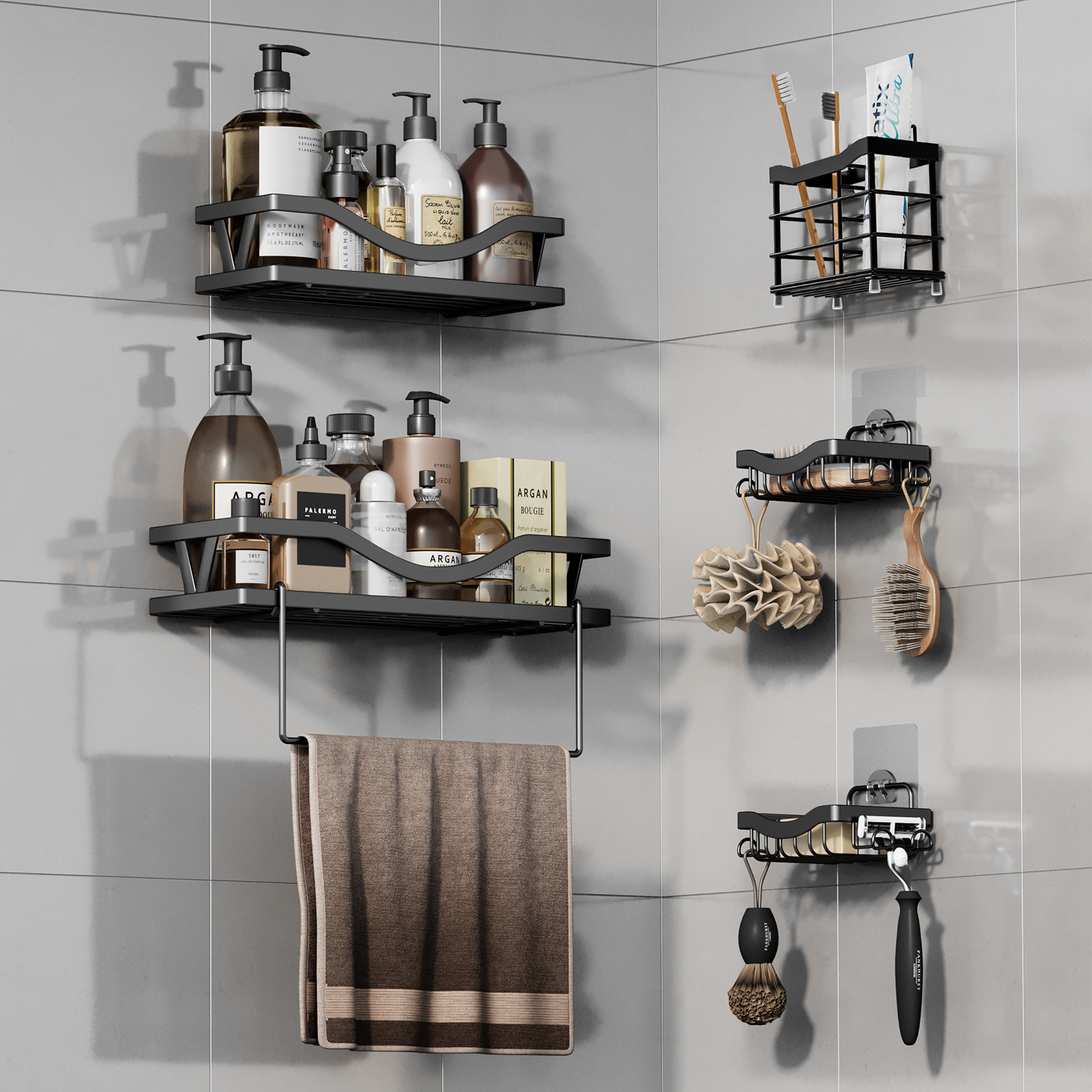 Modern Five-Piece No-Hole Wall-Mounted Bathroom Shelf Set Cross-Border Toiletries Storage Racks OEM Design