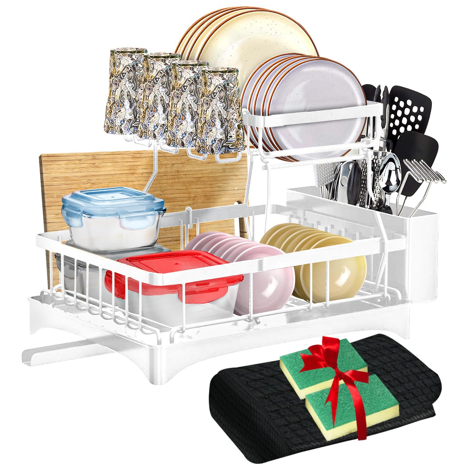 Kitchen Multifunctional Iron Wire Sink Dish Draining Racks Double Tiers Standing Type Drawer Holder Shelf Removable