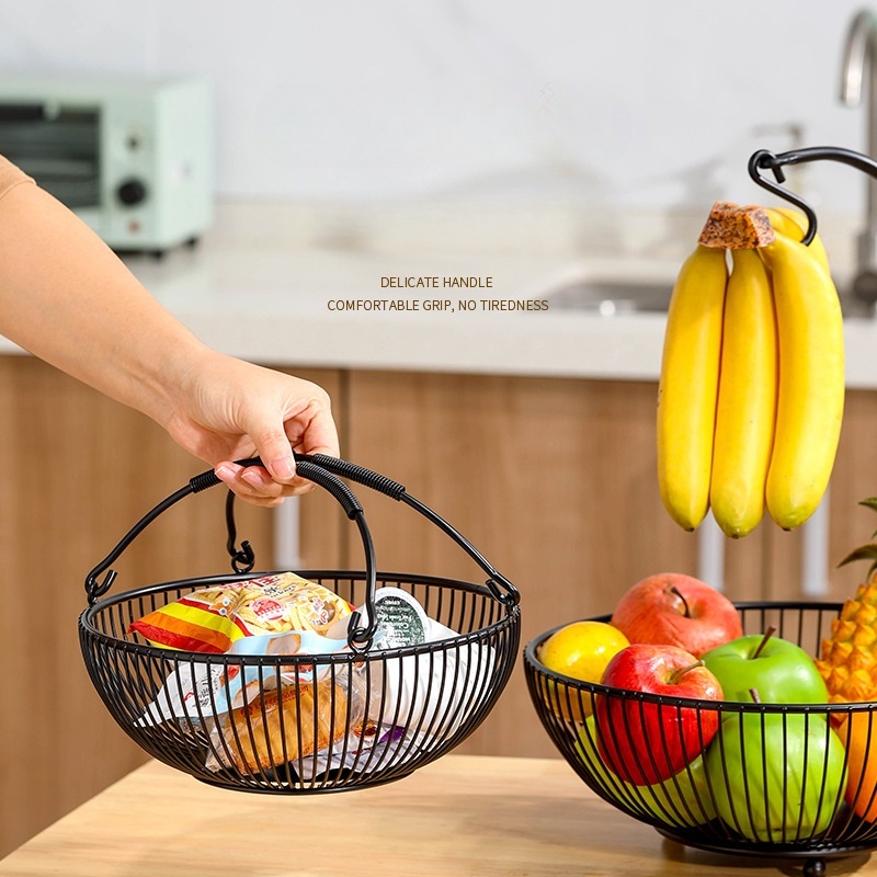 Portable Double Fruit Basket Organizer Wrought Iron Hanging Rack for Bananas Snacks Standing Type Easy Installation Removal