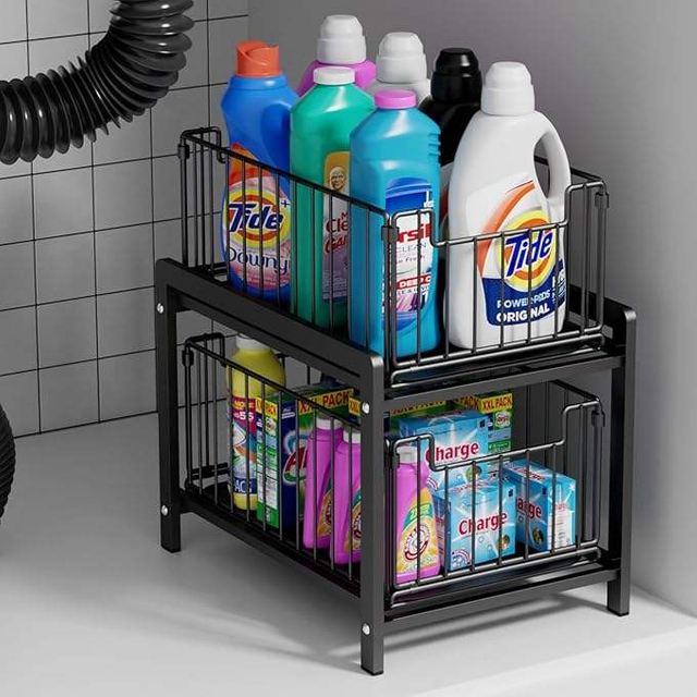 2 Tier Basket Drawer Organizer, Pull Out Under Sink Cabinets , Metal Home Organizer Shelf for Bathroom or Kitchen