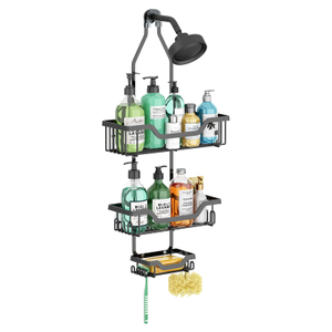 Shower Caddy Hanging, Anti-Swing Shower Caddy Over Shower Head Hanging Bathroom Shelves with Hooks and Soap Holder