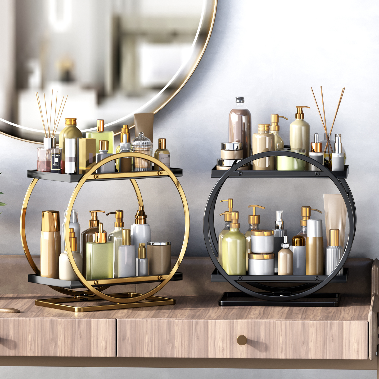 Light Luxury Wrought Iron Bathroom Shelf Toilet Hand Wash Sink Cosmetic Organizer Desktop Vanity Storage Rack