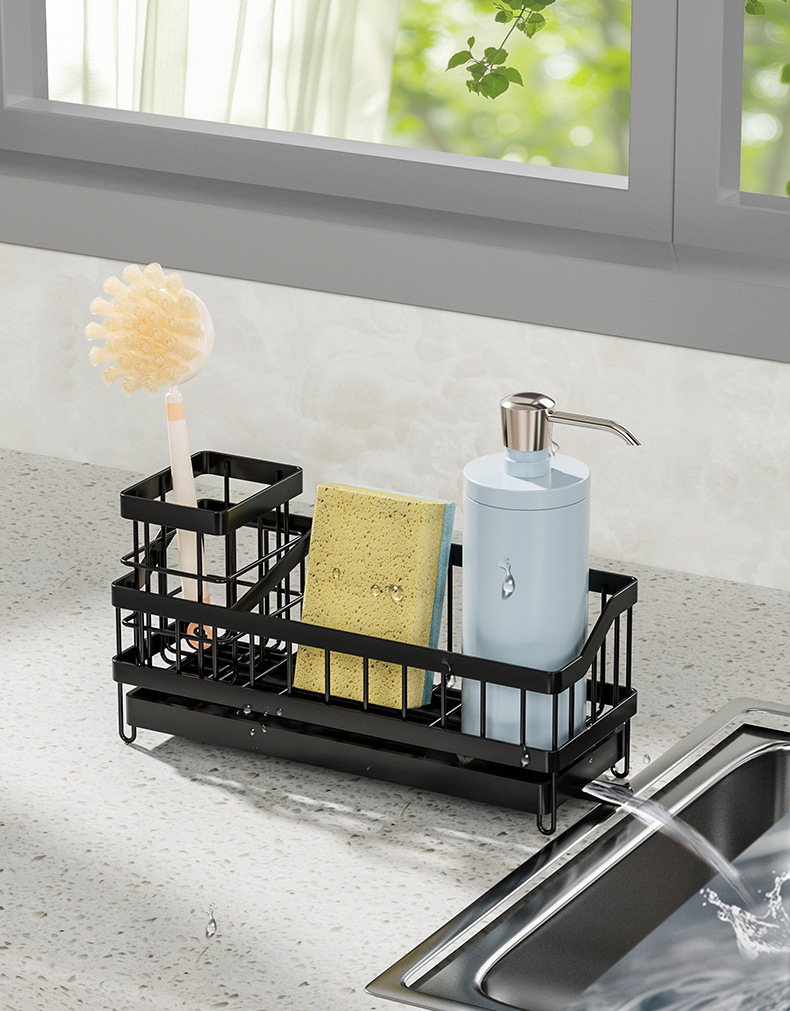 Kitchen Draining Rack Sink Sponge Rag Basket Dishwashing Storage with Adhesive Backed Stickers + Towel Hanging Rods