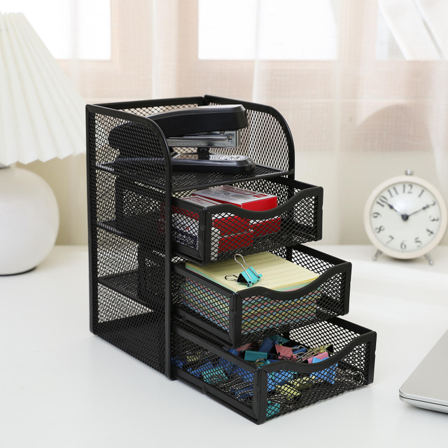 Mesh Desk Supplies Organizer with 3 Drawer Office Desktop Organizers and Accessories Stationery Caddy