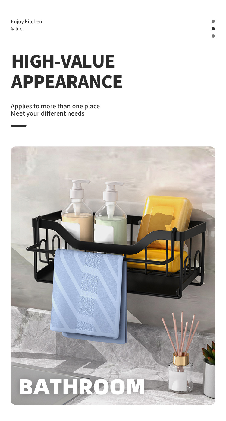No-Hole Household Kitchen Countertop Sponge Draining Storage Rack Towel Bar + Hanging Stickers