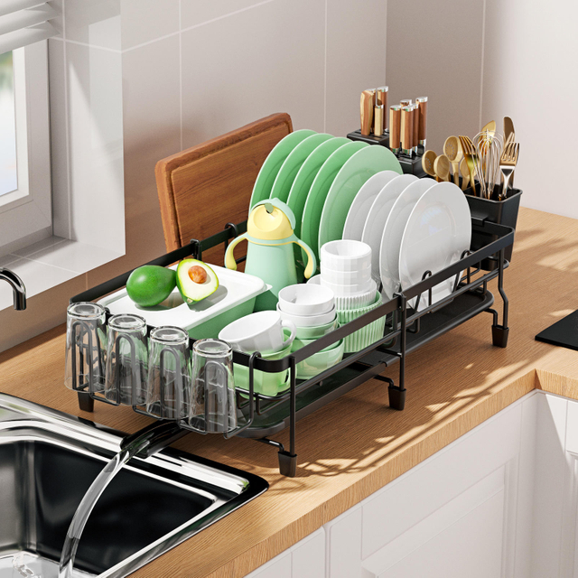 Iron Dish Drying Rack with Drainboard Dish Drainers for Kitchen Counter Sink Adjustable Spout Dish Strainers with Utensil Holder