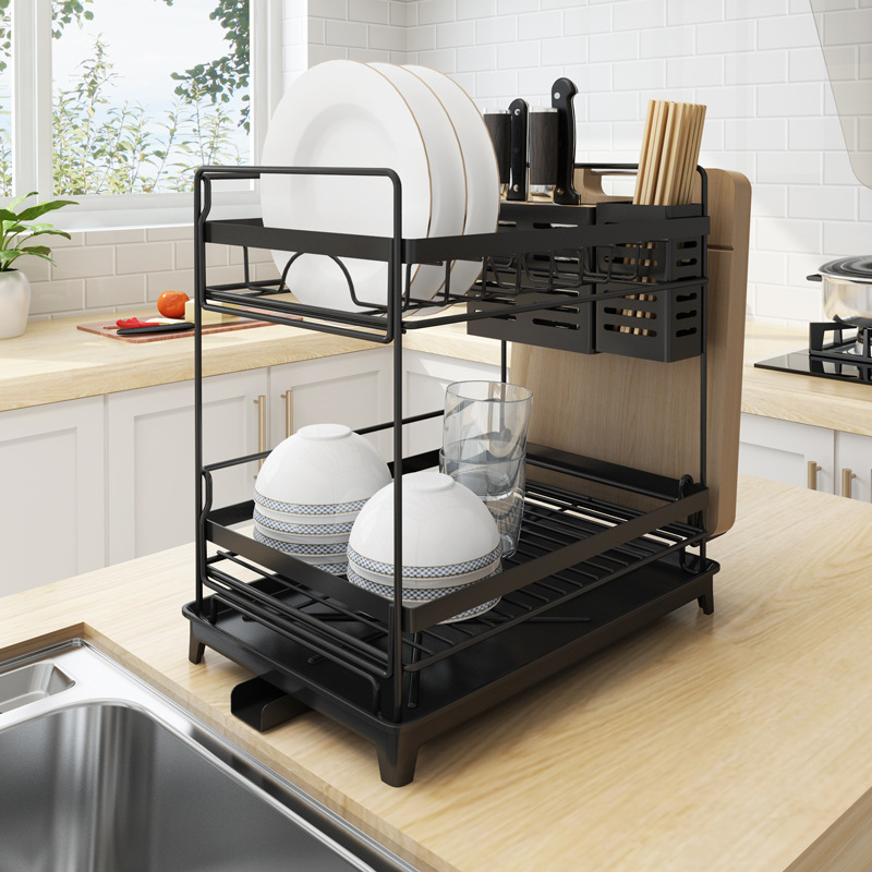 Two Tier Detachable Cross-Border New Kitchen Stainless Steel Draining Rack With Adjustable Catch Tray Black and White