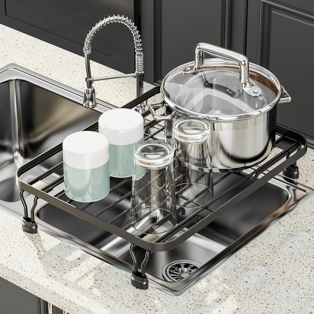 Single-Tier Kitchen Sink Rack Retractable Dish Holder for Fruit & Vegetable Utensils Basin Draining Mat Filter Shelf Storage