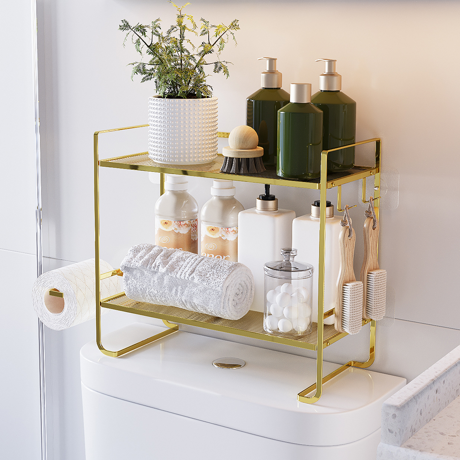No-Punch Toilet Shelf With Paper Towel Hanging Feature Bathroom Storage Organizer Above Water Tank
