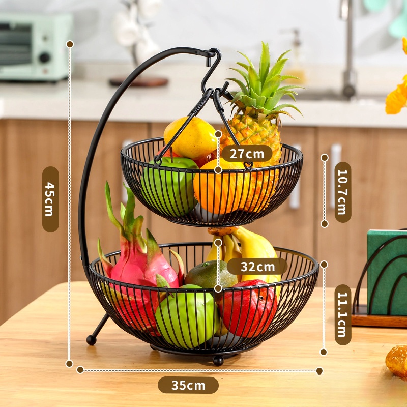 Portable Double Fruit Basket Organizer Wrought Iron Hanging Rack for Bananas Snacks Standing Type Easy Installation Removal
