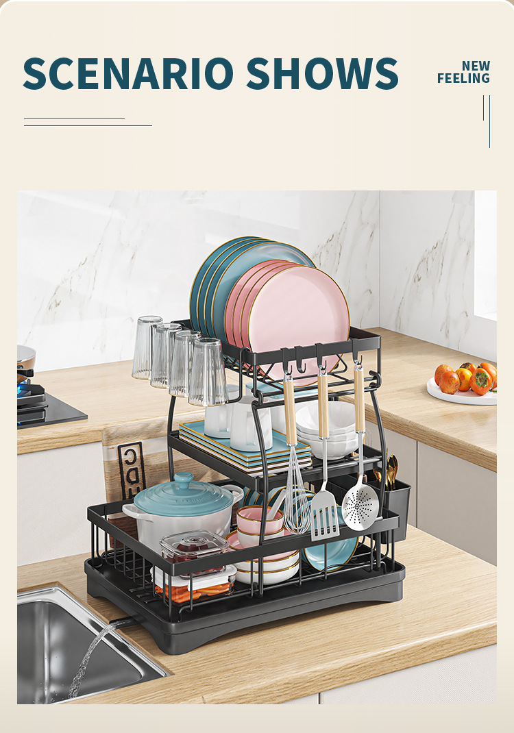 Multi-Functional Kitchen Anti-Rust Countertop Double Draining Bowl Dish Storage Racks
