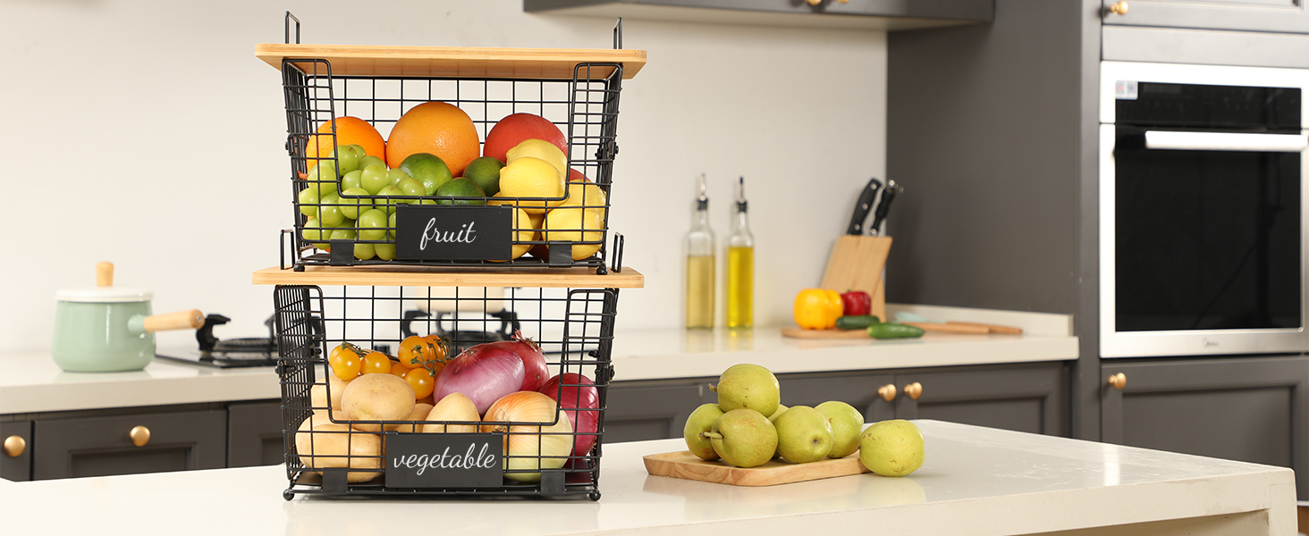 Cross-Border Carbon Steel Fruit Snacks Spices Vegetable Storage Basket Bamboo Kitchen Table Board Multilayer Shelves