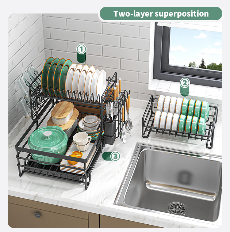 Cross-Border Multi-Functional Kitchen Anti-Rust Countertop Double Draining Bowl Dish Storage Racks