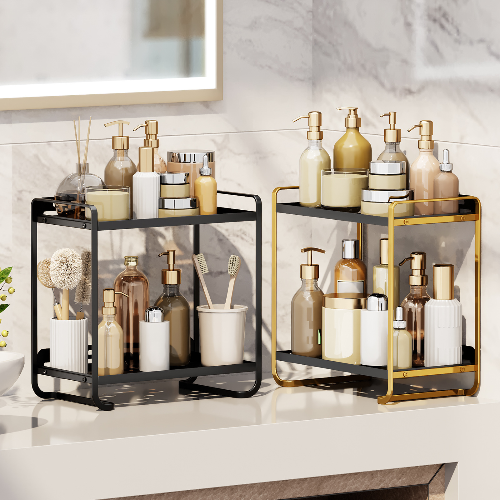Multi-Layer Desktop Cosmetic Shelf Dresser and Skin Care Organizer with Wash Basket for Dormitory or Bathroom Storage Use