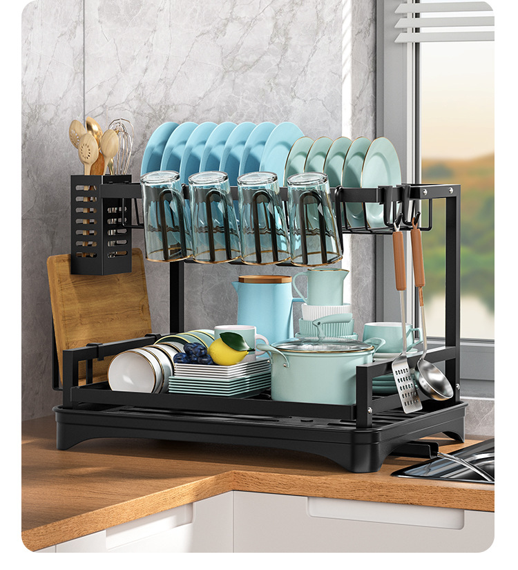 Wrought Iron Countertop Kitchen Sink Dish Holder Organizer with Fork Cutlery Box for Home Tableware Use