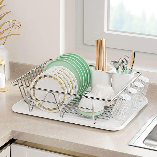 Kitchen Single-Tier Stainless Steel Draining Dish Rack Household Utensils Countertop Organizer
